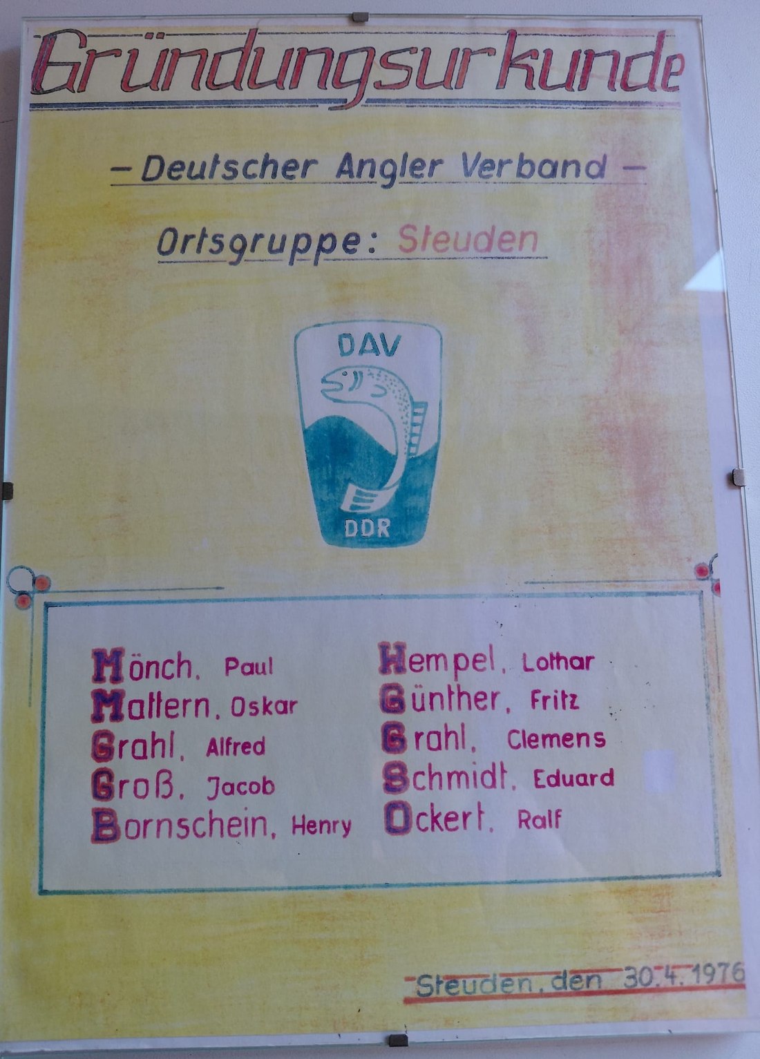 Original-Gründungsurkunde der Ortsgruppe Steuden, Deutscher Angler-Verband, ausgestellt am 30. April 1976